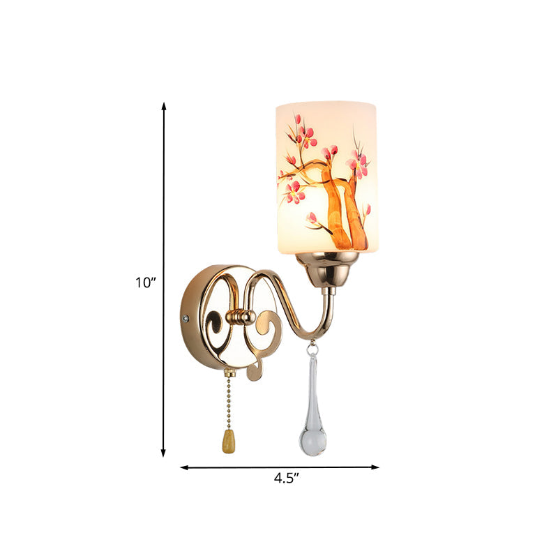 Gold Finish Cylindrical Wall Lighting Idea Contemporary 1/2-Head Painted Cream Glass Wall Lamp with Pull Chain Clearhalo 'Modern wall lights' 'Modern' 'Wall Lamps & Sconces' 'Wall Lights' Lighting' 898450