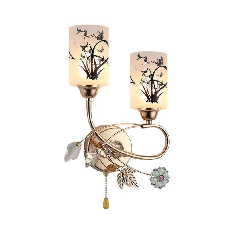Modernism 2-Bulb Pull Chain Wall Lighting Idea with Painted Glass Shade Gold Cylinder Wall Lamp Clearhalo 'Cast Iron' 'Glass' 'Industrial' 'Modern wall lights' 'Modern' 'Tiffany' 'Traditional wall lights' 'Wall Lamps & Sconces' 'Wall Lights' Lighting' 898462