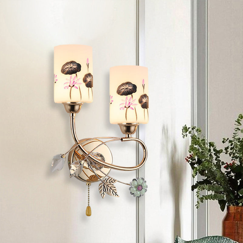 Cylinder Wall Lamp Modernism Lotus Painted Glass 2-Head Gold Finish Wall Light Sconce with Pull Chain Gold Clearhalo 'Modern wall lights' 'Modern' 'Wall Lamps & Sconces' 'Wall Lights' Lighting' 898464