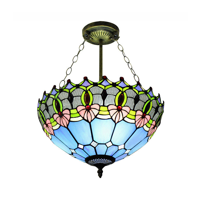 Blue Ceiling Light for Bedroom 3 Lights Jeweled Semi Flush Mount Lighting with Chain and Art Glass Shade 16" Width Blue Clearhalo 'Ceiling Lights' 'Chandeliers' 'Close To Ceiling Lights' 'Close to ceiling' 'Glass shade' 'Glass' 'Semi-flushmount' 'Tiffany close to ceiling' 'Tiffany' Lighting' 89912