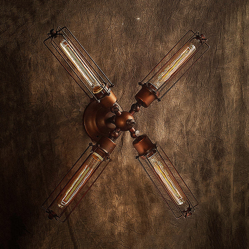 1/2/4-Light Cage Wall Sconce Lighting with Tube Shape Industrial Bronze Wrought Iron Wall Lamp for Dining Table Clearhalo 'Art deco wall lights' 'Cast Iron' 'Glass' 'Industrial wall lights' 'Industrial' 'Middle century wall lights' 'Modern' 'Rustic wall lights' 'Tiffany' 'Traditional wall lights' 'Wall Lamps & Sconces' 'Wall Lights' Lighting' 9026