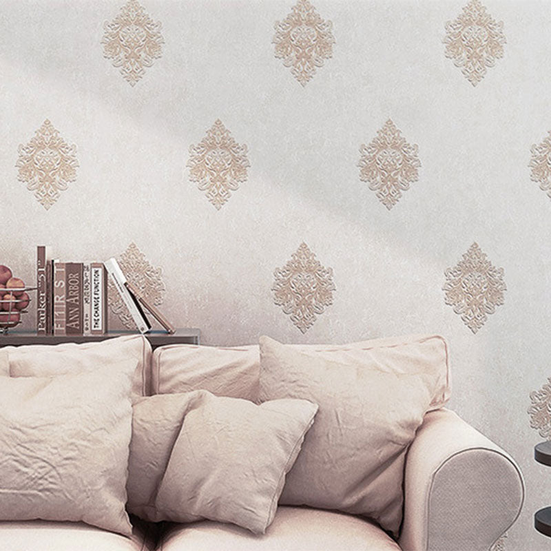 Luxury Wallpaper Roll 3D Print Damasque Non-Pasted Wall Art for Living Room, 57.1 sq ft. White-Brown Clearhalo 'Vintage wall decor' 'Vintage' 'Wallpaper' Wall Decor' 914635