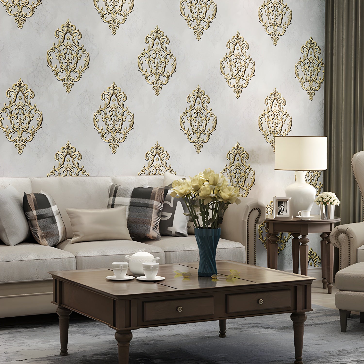 Pastel Color 57.1 sq ft. Wallpaper Non-Woven Moisture-Resistant 3D Print Damask Design Wall Covering White Clearhalo 'Vintage wall decor' 'Vintage' 'Wallpaper' Wall Decor' 914947