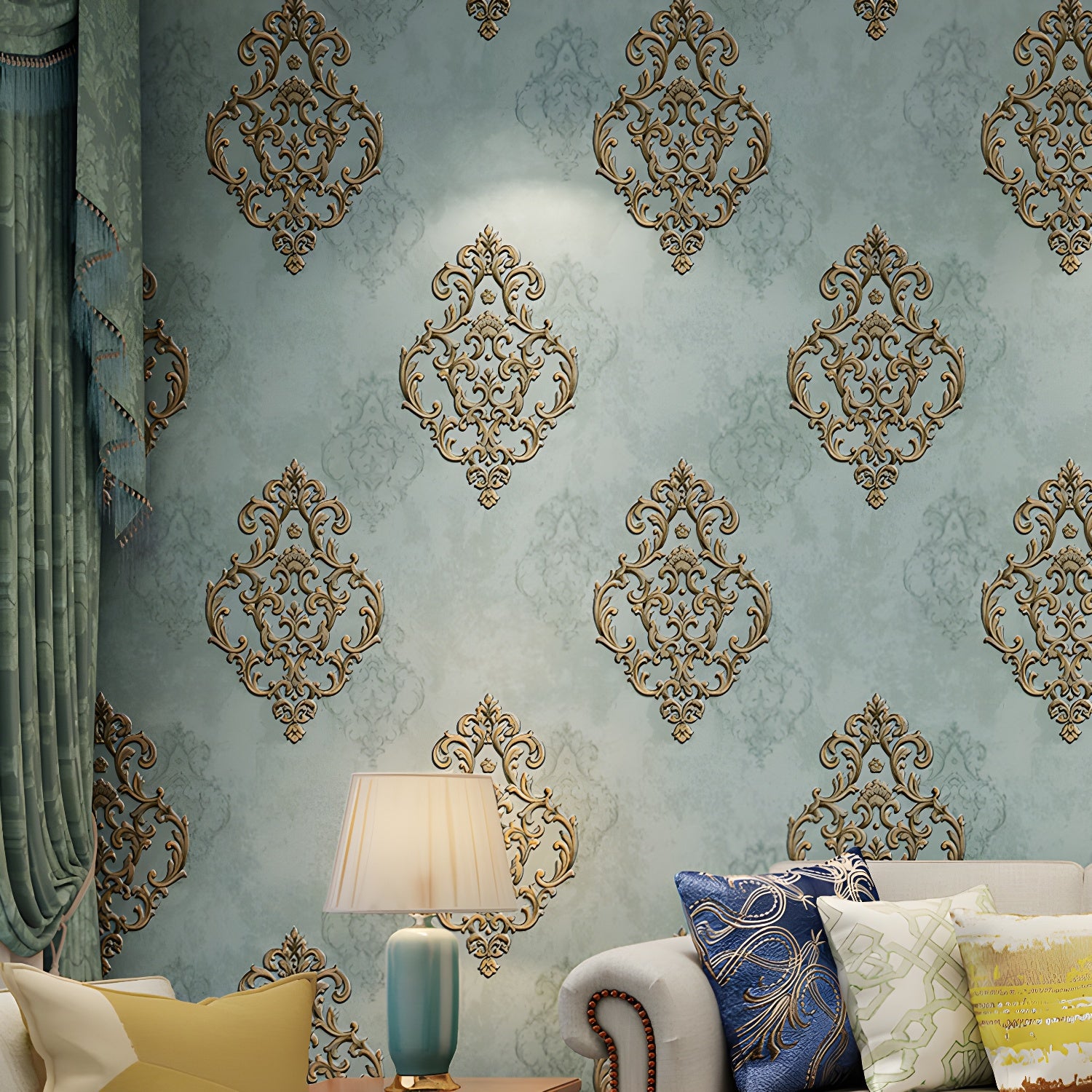 Pastel Color 57.1 sq ft. Wallpaper Non-Woven Moisture-Resistant 3D Print Damask Design Wall Covering Light Green Clearhalo 'Vintage wall decor' 'Vintage' 'Wallpaper' Wall Decor' 914953