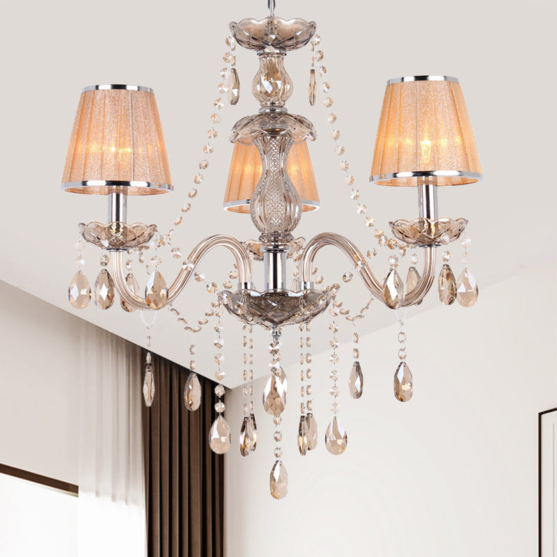3-Head Ceiling Chandelier Modernism Umber Crystal Droplet Pendant Light Kit with Pleated Fabric Shade in Gold Clearhalo 'Ceiling Lights' 'Chandeliers' 'Modern Chandeliers' 'Modern' Lighting' 915760