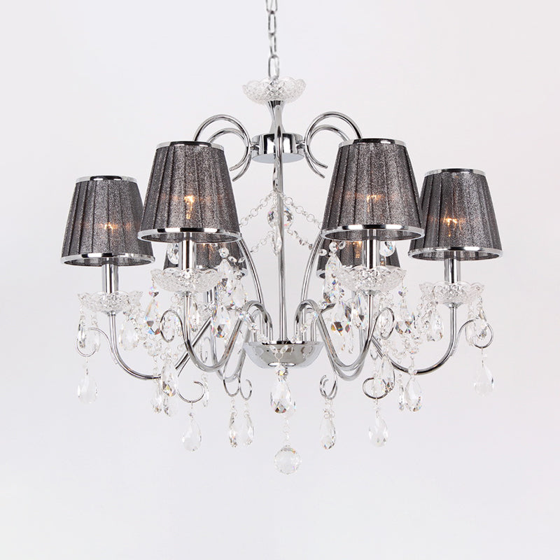 Candle-Style Chandelier Light Nordic 6-Bulb Clear K9 Crystal Ceiling Pendant Light with Pleated Fabric Shade in Grey Clearhalo 'Ceiling Lights' 'Chandeliers' 'Modern Chandeliers' 'Modern' Lighting' 915769