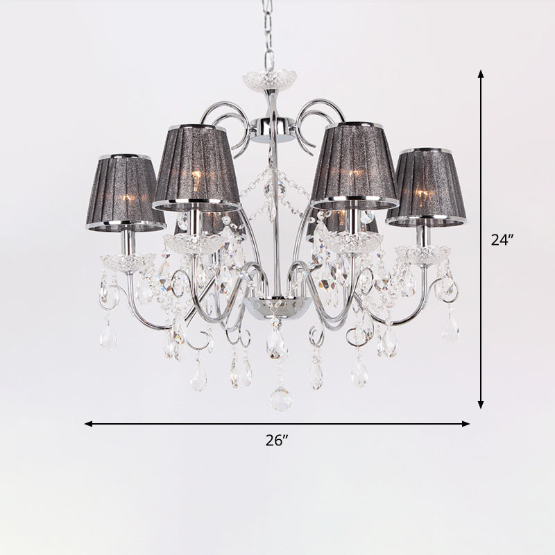 Candle-Style Chandelier Light Nordic 6-Bulb Clear K9 Crystal Ceiling Pendant Light with Pleated Fabric Shade in Grey Clearhalo 'Ceiling Lights' 'Chandeliers' 'Modern Chandeliers' 'Modern' Lighting' 915770