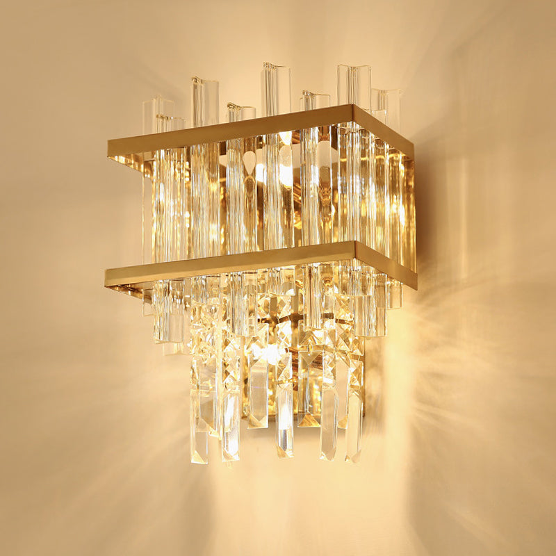 3 Lights Wall Light Sconce with Cube Shade Post Modern Living Room Gold Crystal Rod Wall Mount Lighting Clearhalo 'Cast Iron' 'Glass' 'Industrial' 'Modern wall lights' 'Modern' 'Tiffany' 'Traditional wall lights' 'Wall Lamps & Sconces' 'Wall Lights' Lighting' 915859
