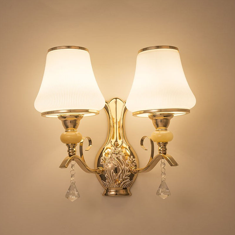 2-Light Wall Sconce Lighting with Bell Shade Ribbed Glass Nordic Living Room Wall Mounted Light Fixture in Gold Clearhalo 'Modern wall lights' 'Modern' 'Wall Lamps & Sconces' 'Wall Lights' Lighting' 915935
