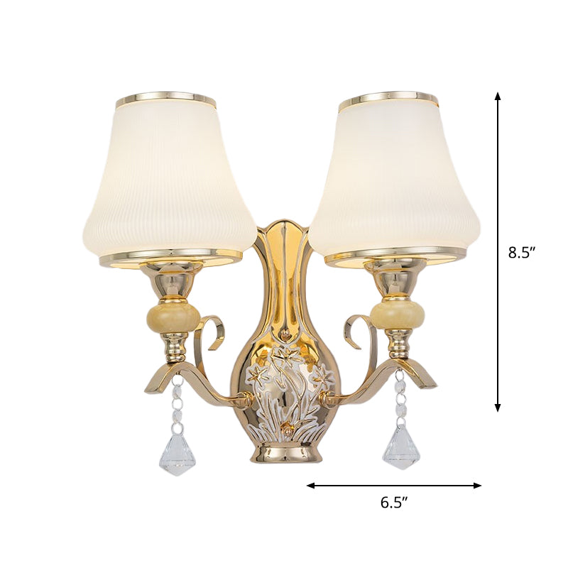 2-Light Wall Sconce Lighting with Bell Shade Ribbed Glass Nordic Living Room Wall Mounted Light Fixture in Gold Clearhalo 'Modern wall lights' 'Modern' 'Wall Lamps & Sconces' 'Wall Lights' Lighting' 915936