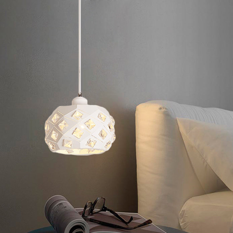 Single Dining Room Pendulum Light Minimal White Finish Crystal Hanging Lamp with Drum Iron Shade White Clearhalo 'Ceiling Lights' 'Modern Pendants' 'Modern' 'Pendant Lights' 'Pendants' Lighting' 916299