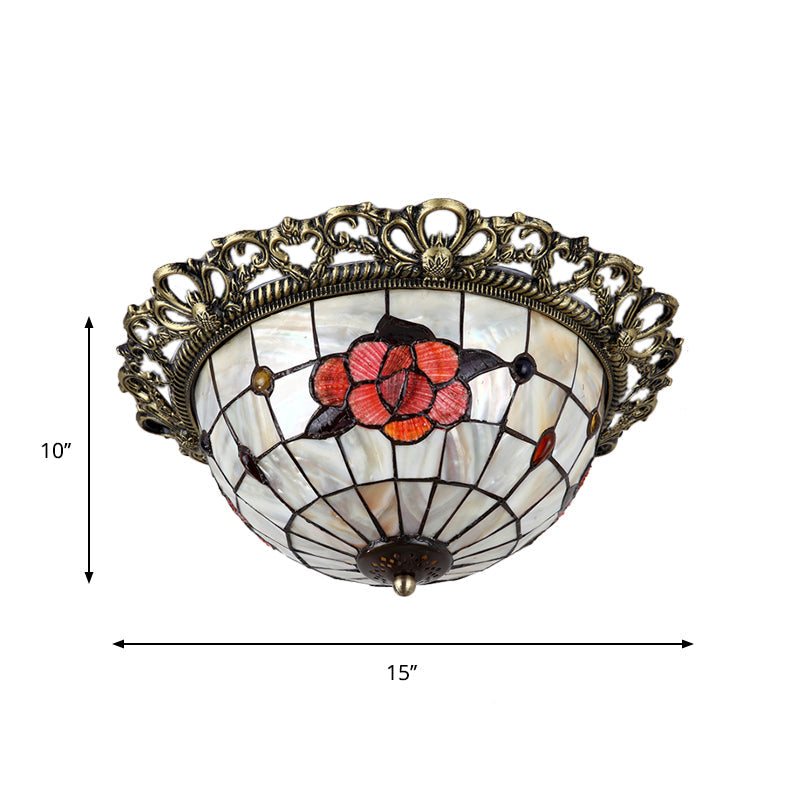 Gridded Hemispherical Ceiling Light 2-Bulb Natural Shell Baroque Flush Mount Lighting in Brass Clearhalo 'Ceiling Lights' 'Close To Ceiling Lights' 'Close to ceiling' 'Flush mount' Lighting' 916403