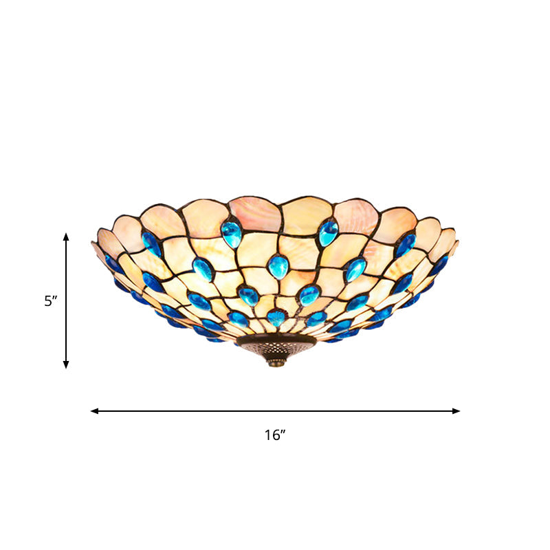 Shell Blue Flush Ceiling Light Jeweled Bowl 3/4 Bulbs 16"/21" Wide Tiffany Flushmount Lighting Clearhalo 'Ceiling Lights' 'Close To Ceiling Lights' 'Close to ceiling' 'Flush mount' Lighting' 916473