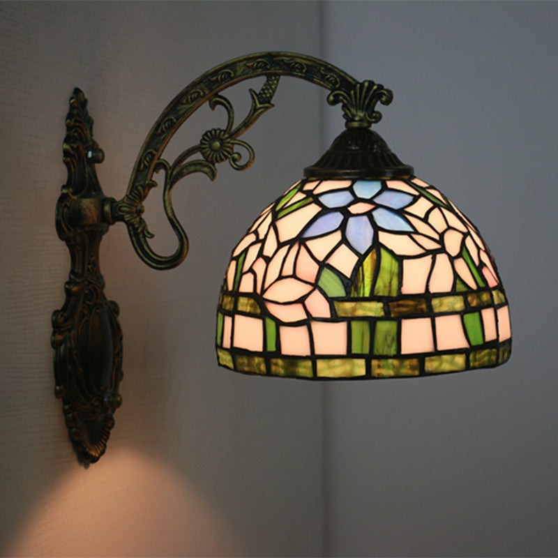 Red/Pink Flower Bowl Sconce Light Tiffany 1 Head Stained Glass Wall Mounted Lighting Fixture Clearhalo 'Art deco wall lights' 'Cast Iron' 'Glass' 'Industrial' 'Middle century wall lights' 'Modern' 'Tiffany wall lights' 'Tiffany' 'Traditional wall lights' 'Wall Lamps & Sconces' 'Wall Lights' Lighting' 916605