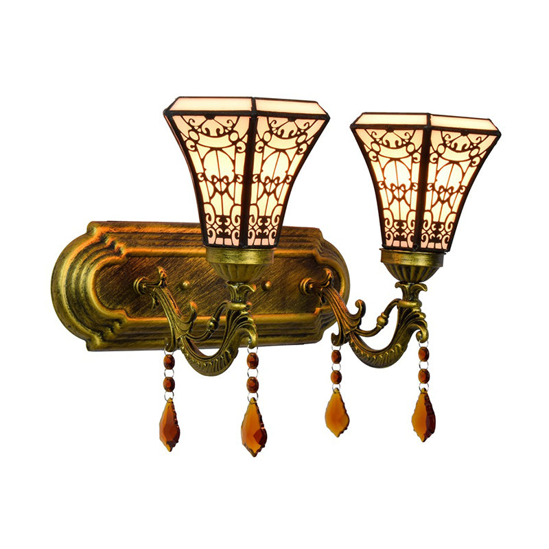 Brass 2 Bulbs Wall Mounted Lamp Mission Stained Glass 4-Sided Pyramid/Flared Wall Sconce Lighting Clearhalo 'Art deco wall lights' 'Cast Iron' 'Glass' 'Industrial' 'Middle century wall lights' 'Modern' 'Tiffany wall lights' 'Tiffany' 'Traditional wall lights' 'Wall Lamps & Sconces' 'Wall Lights' Lighting' 916748