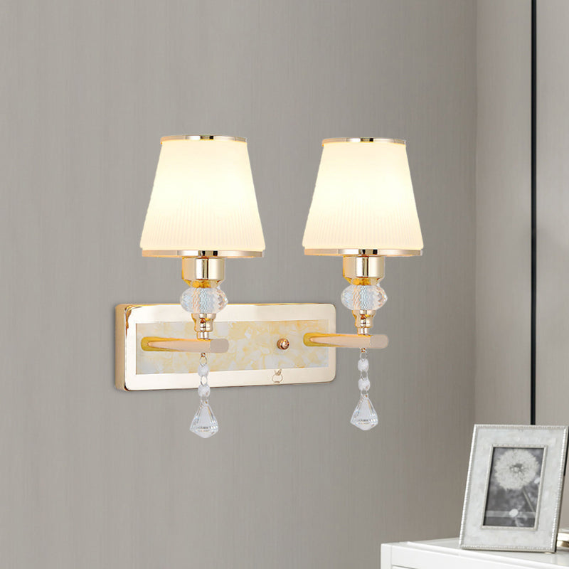 Gold Barrel Wall Mounted Lamp Minimalist 1/2-Head Frosted Glass Wall Lighting with Diamond Crystal Drop Clearhalo 'Modern wall lights' 'Modern' 'Wall Lamps & Sconces' 'Wall Lights' Lighting' 916852