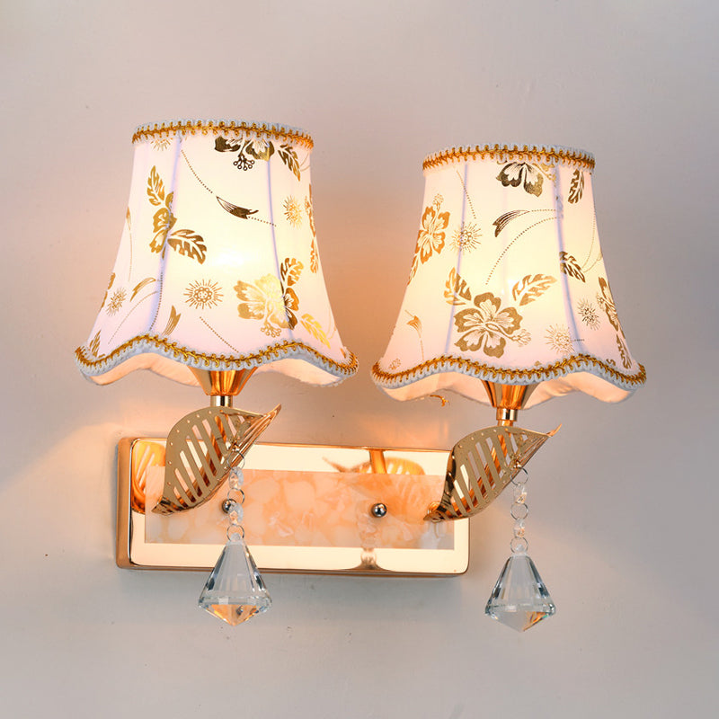Patterned Fabric Empire Shade Wall Lighting Contemporary 2 Heads Wall Lamp in Gold Finish Clearhalo 'Modern wall lights' 'Modern' 'Wall Lamps & Sconces' 'Wall Lights' Lighting' 916882