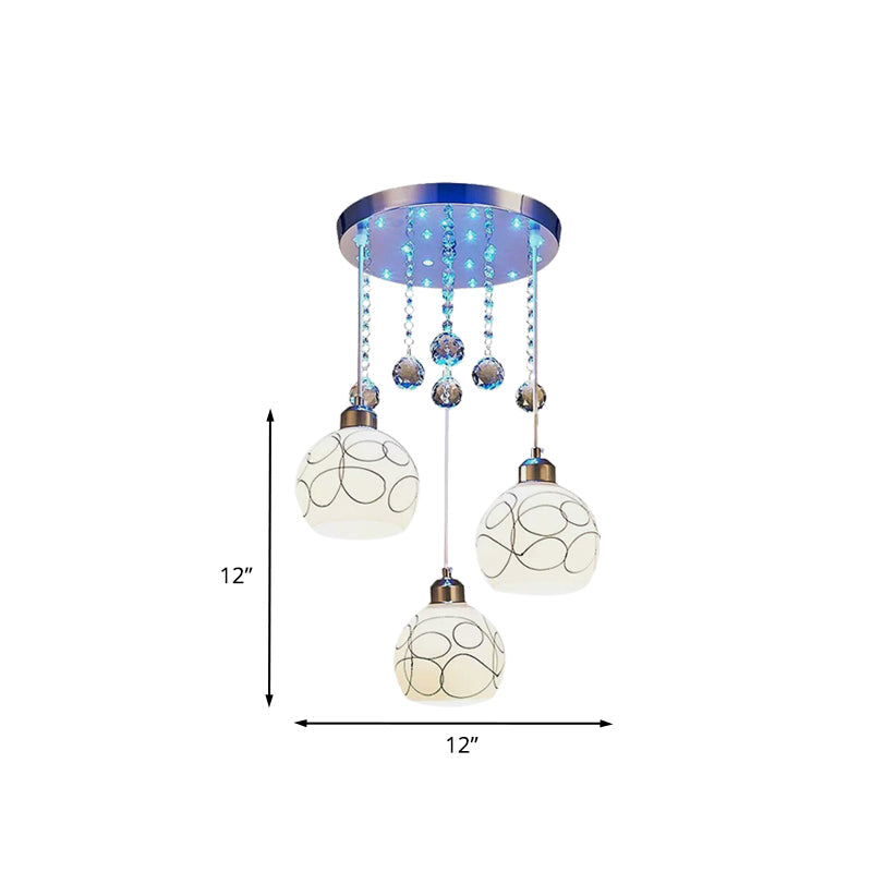 3 Bulbs Dining Room Multi Ceiling Light Modern Chrome Pendulum Lamp with Ball White Glass Shade, Crystal Drop Clearhalo 'Ceiling Lights' 'Modern Pendants' 'Modern' 'Pendant Lights' 'Pendants' Lighting' 916891