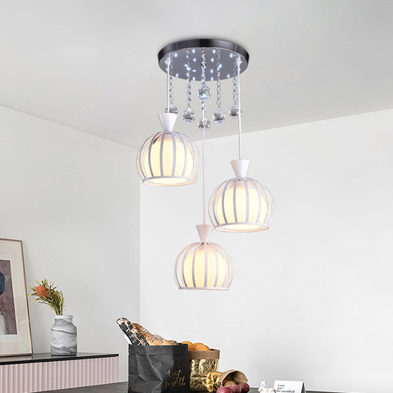 Domed Cage Multi-Pendant Modern Iron 3 Heads White Finish Suspension Light with Opal Glass Shade Inner White Clearhalo 'Ceiling Lights' 'Modern Pendants' 'Modern' 'Pendant Lights' 'Pendants' Lighting' 916892