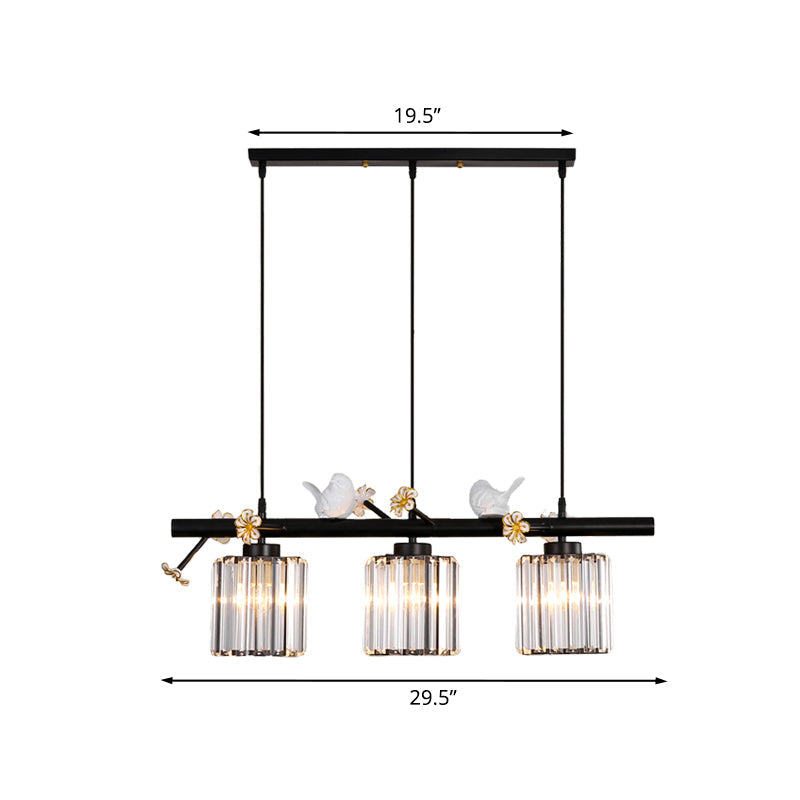 Black Cylinder Island Light Modernist 3 Lights Crystal Rectangle Pendant Lamp with Floret and Bird Decor Clearhalo 'Ceiling Lights' 'Island Lights' Lighting' 916996