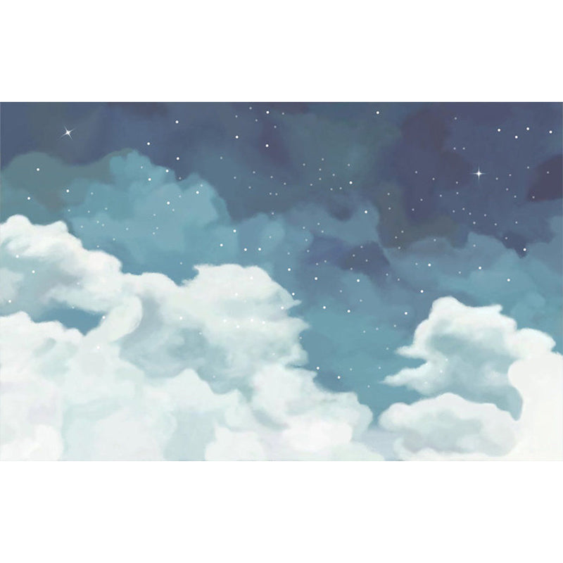 Fresh Mural Wallpaper for Living Room, Pastel Blue and White Cloudy Sky and Star, Made to Measure Clearhalo 'Wall Decor' 'Wall Mural' 917167