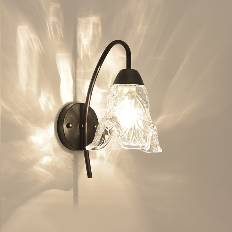 1 Light Trapezoid/Flower/Drum Wall Light Sconce Post Modern Black Metal Wall Mount Light with Clear Crystal Shade Clearhalo 'Cast Iron' 'Glass' 'Industrial' 'Modern wall lights' 'Modern' 'Tiffany' 'Traditional wall lights' 'Wall Lamps & Sconces' 'Wall Lights' Lighting' 917506