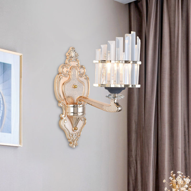 Conical Shade Wall Light Fixture Modernist 1/2-Light Crystal Rod Wall Lighting Idea for Living Room in Gold 1.0 Gold Clearhalo 'Cast Iron' 'Glass' 'Industrial' 'Modern wall lights' 'Modern' 'Tiffany' 'Traditional wall lights' 'Wall Lamps & Sconces' 'Wall Lights' Lighting' 917513