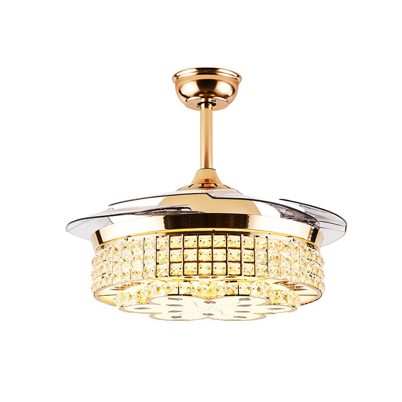 Grid Crystal Embedded Ceiling Fan Lamp Modern Hotel 42" Wide LED Semi Flush Mount Light in Gold, 4-Blade Clearhalo 'Ceiling Fans with Lights' 'Ceiling Fans' 'Modern Ceiling Fans' 'Modern' Lighting' 917625