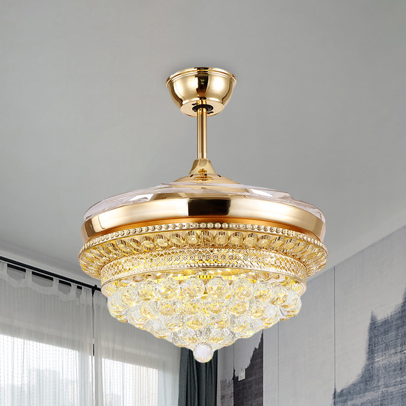 35.5" Wide 4 Blades LED Fan Light Kit Simple Conical Opulent Inlaid Crystal Semi Flush Light Fixture in Gold Clearhalo 'Ceiling Fans with Lights' 'Ceiling Fans' 'Modern Ceiling Fans' 'Modern' Lighting' 917680