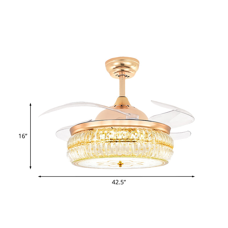 Cut Crystal Gold Semi Flush Mount Light Drum 4 Blades 42.5" Wide Modernist LED Ceiling Fan Clearhalo 'Ceiling Fans with Lights' 'Ceiling Fans' 'Modern Ceiling Fans' 'Modern' Lighting' 917686