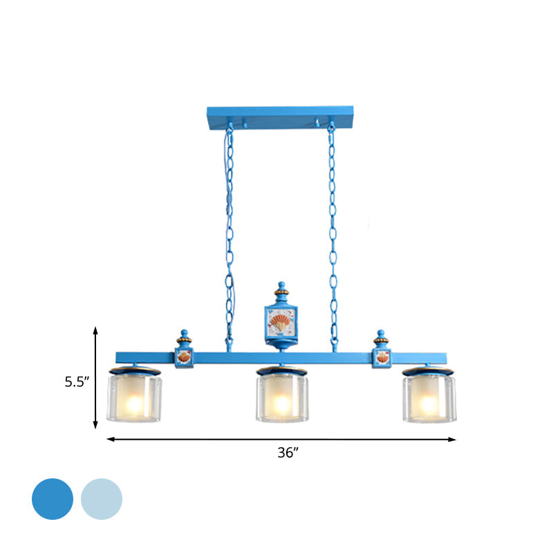 Cartoon 3 Bulbs Island Pendant Light with Clear and Opal Glass Shade Sky/Water Blue Dual Cylinder Pendulum Lamp Clearhalo 'Ceiling Lights' 'Glass shade' 'Glass' 'Island Lights' 'Pendant Lights' Lighting' 917919