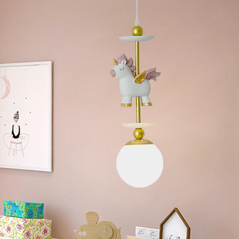 1-Light Bedside Pendant Lighting Cartoon Gold Unicorn Hanging Lamp with Sphere White Glass Shade White Clearhalo 'Ceiling Lights' 'Glass shade' 'Glass' 'Pendant Lights' 'Pendants' Lighting' 917974