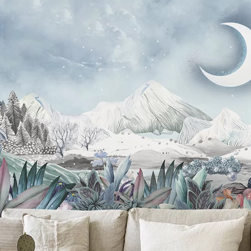 Extra Large Fresh Mural Wallpaper Multi-Colored Moon and Bush Wall Covering, Personalized Size Available Clearhalo 'Wall Decor' 'Wall Mural' 918047