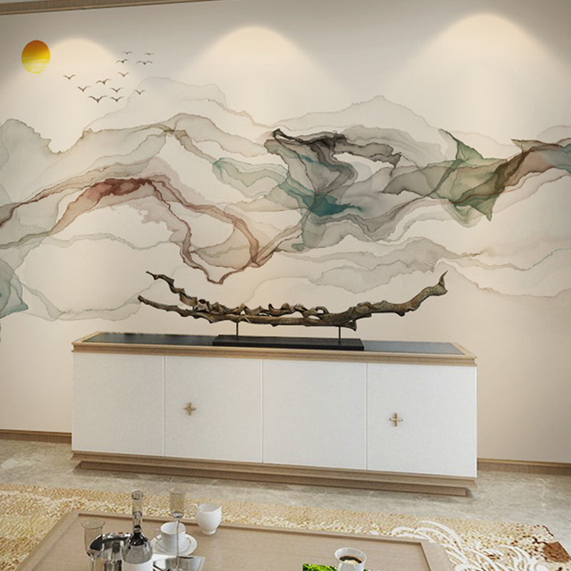 Big Illustration Sunrise Mural Wallpaper for Home Decoration in Grey and Blue, Customized Size Available Clearhalo 'Wall Decor' 'Wall Mural' 918578