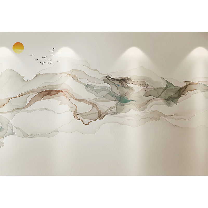 Big Illustration Sunrise Mural Wallpaper for Home Decoration in Grey and Blue, Customized Size Available Clearhalo 'Wall Decor' 'Wall Mural' 918579