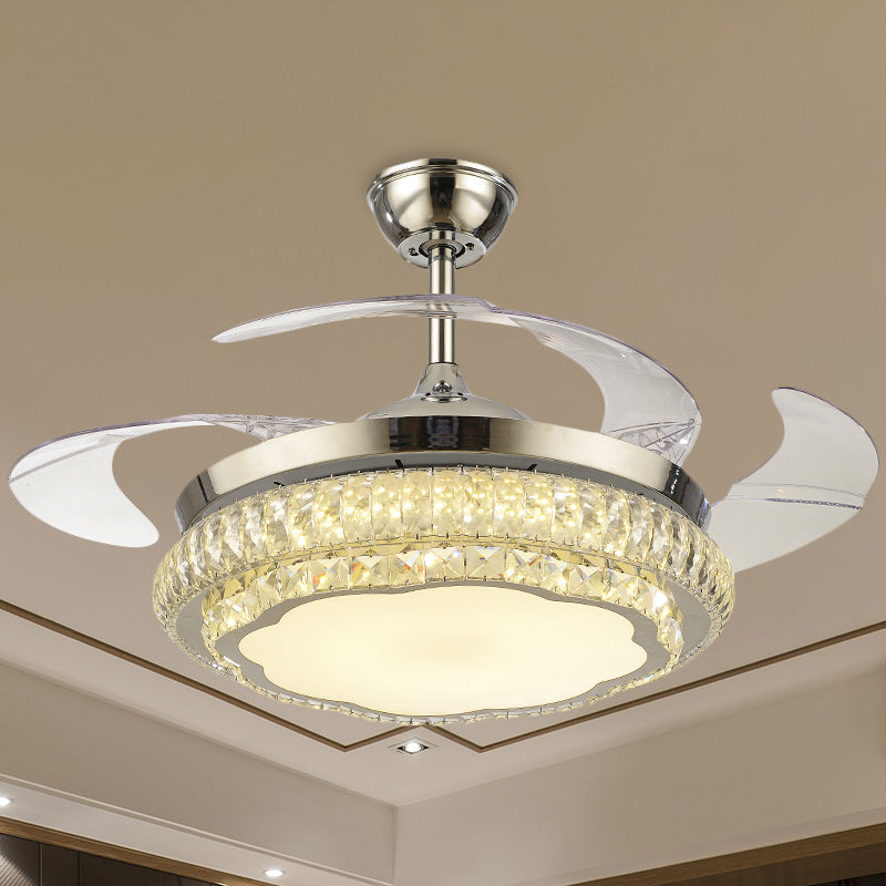 4-Blade Round Crystal Flush Ceiling Fan Minimalist Living Room 42.5" W LED Semi Flush Light in Silver Silver C Clearhalo 'Ceiling Fans with Lights' 'Ceiling Fans' 'Modern Ceiling Fans' 'Modern' Lighting' 920455