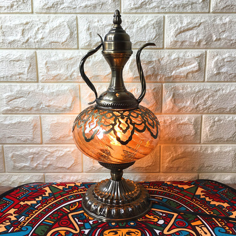 Amber Glass Brass Table Lighting Teapot/Oval 1 Bulb Bohemia Nightstand Light for Bedroom, 14"/16" Tall Clearhalo 'Lamps' 'Table Lamps' Lighting' 920954