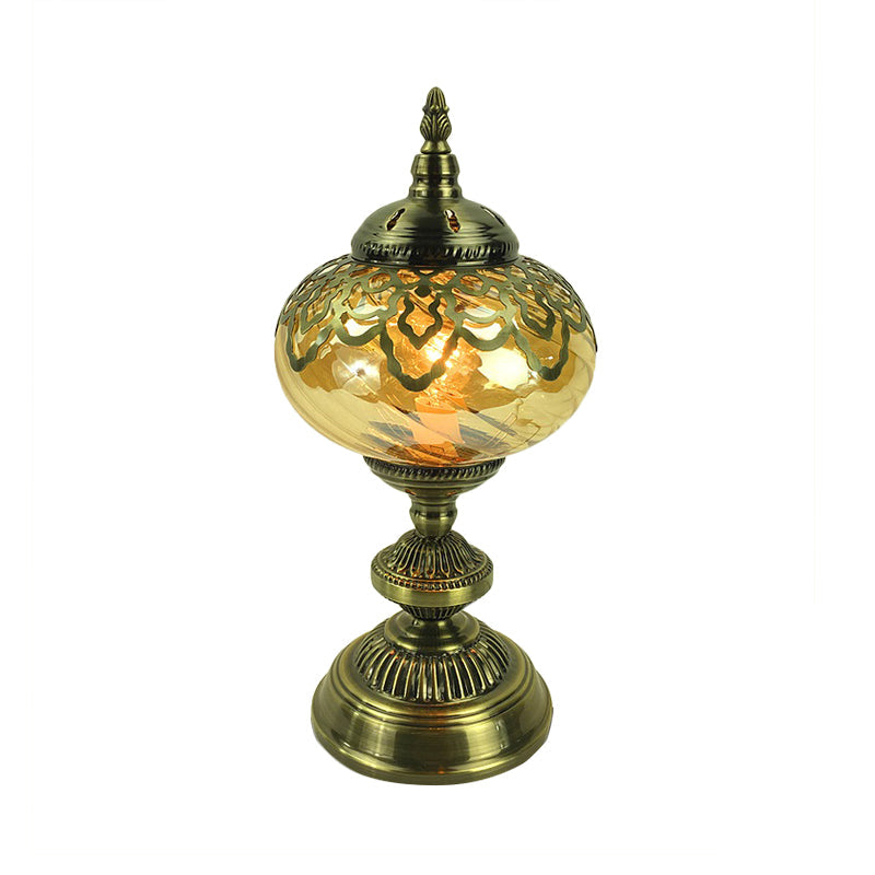 Amber Glass Brass Table Lighting Teapot/Oval 1 Bulb Bohemia Nightstand Light for Bedroom, 14"/16" Tall Clearhalo 'Lamps' 'Table Lamps' Lighting' 920959