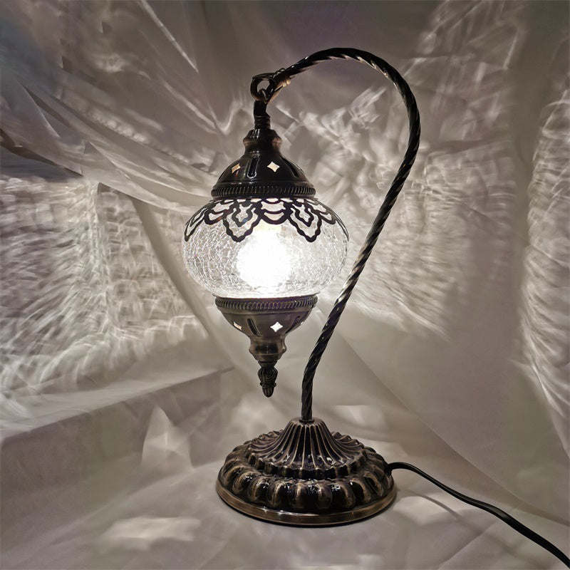Crackle Glass Bronze Desk Light Elliptical 1 Light Turkish Night Lamp with Curving Arm, 15"/18"/21" High Clearhalo 'Lamps' 'Table Lamps' Lighting' 921001