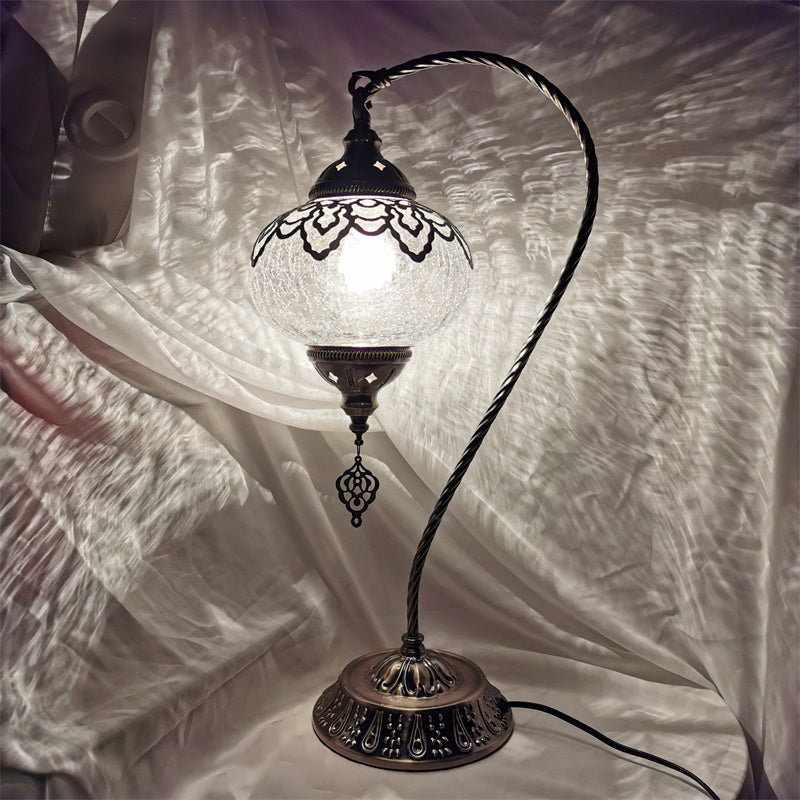 Crackle Glass Bronze Desk Light Elliptical 1 Light Turkish Night Lamp with Curving Arm, 15"/18"/21" High Clearhalo 'Lamps' 'Table Lamps' Lighting' 921007