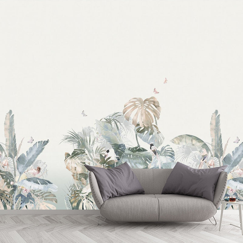 Pastel Color Minimalist Mural Wallpaper Customized Banana Leaf and Butterfly Wall Decor for Accent Wall Green-Blue Clearhalo 'Wall Decor' 'Wall Mural' 921554
