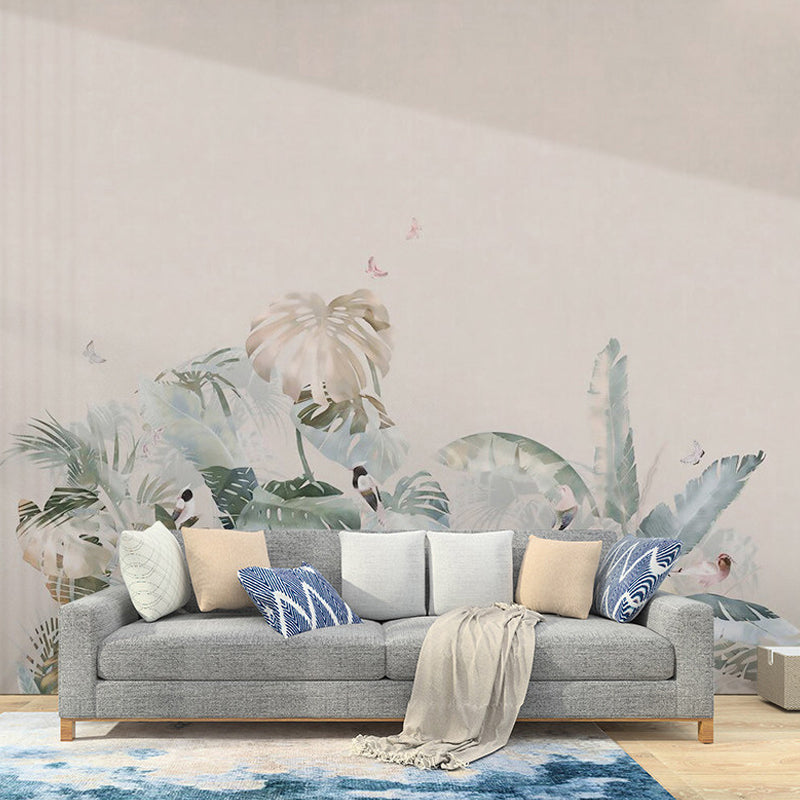 Pastel Color Minimalist Mural Wallpaper Customized Banana Leaf and Butterfly Wall Decor for Accent Wall Clearhalo 'Wall Decor' 'Wall Mural' 921556