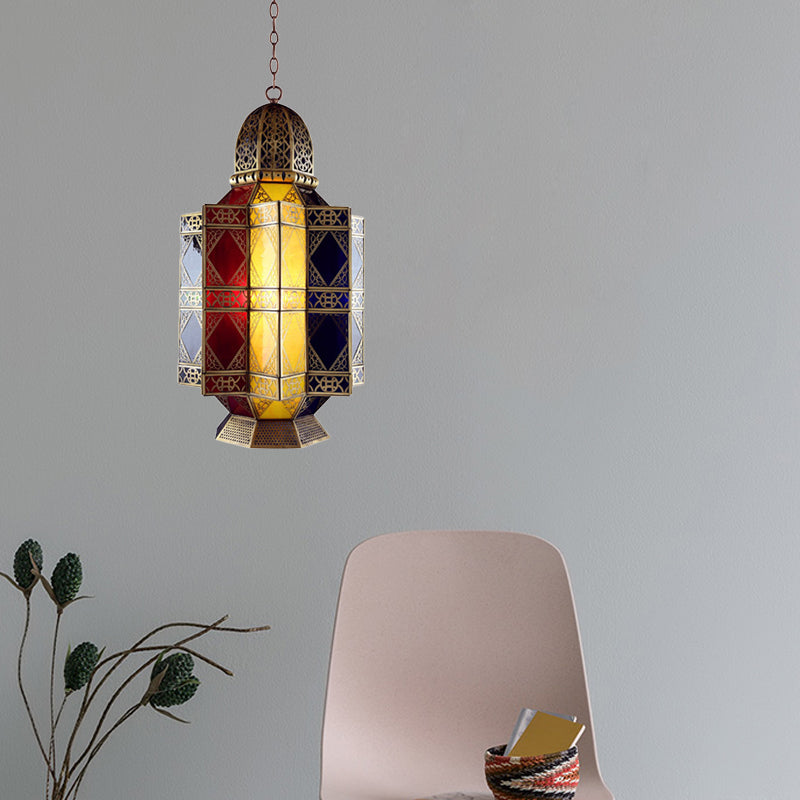 Colored Glass Brass Chandelier Lantern 3 Heads Arabian Hanging Pendant Light for Corridor Clearhalo 'Ceiling Lights' 'Chandeliers' 'Glass shade' 'Glass' 'Pendant Lights' Lighting' 922428