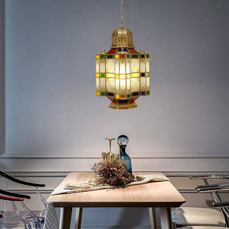 Textured Glass Brass Ceiling Pendant Lantern 6-Head Chandelier Light Fixture for Restaurant Clearhalo 'Ceiling Lights' 'Chandeliers' 'Glass shade' 'Glass' 'Pendant Lights' Lighting' 922499