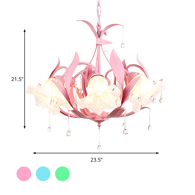 Opal Glass Blossom Chandelier Korean Garden 3/6 Bulbs Living Room Pendant in Pink/Blue/Green with Draping Clearhalo 'Ceiling Lights' 'Chandeliers' 'Glass shade' 'Glass' Lighting' 922530