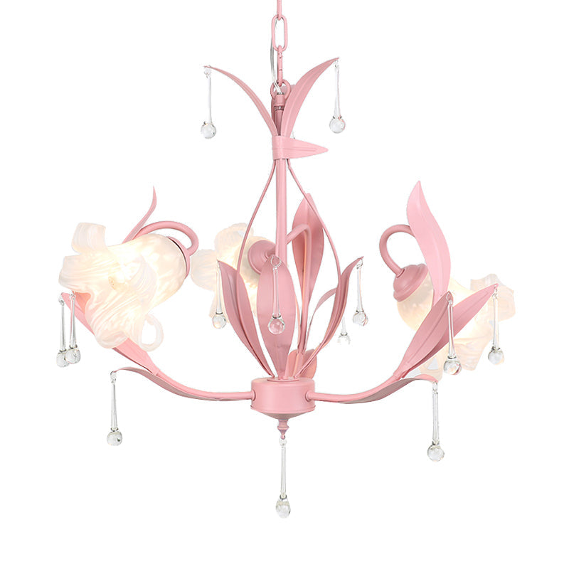 Opal Glass Blossom Chandelier Korean Garden 3/6 Bulbs Living Room Pendant in Pink/Blue/Green with Draping Clearhalo 'Ceiling Lights' 'Chandeliers' 'Glass shade' 'Glass' Lighting' 922538