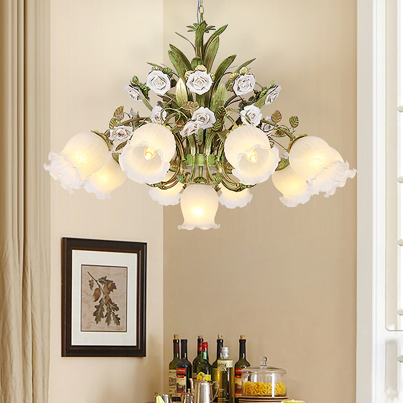 Cream Glass Green Chandelier Lighting Flower 4/7/9 Bulbs Romantic Pastoral Drop Pendant for Living Room 11 Green Clearhalo 'Ceiling Lights' 'Chandeliers' 'Close To Ceiling Lights' 'Glass shade' 'Glass' Lighting' 922544