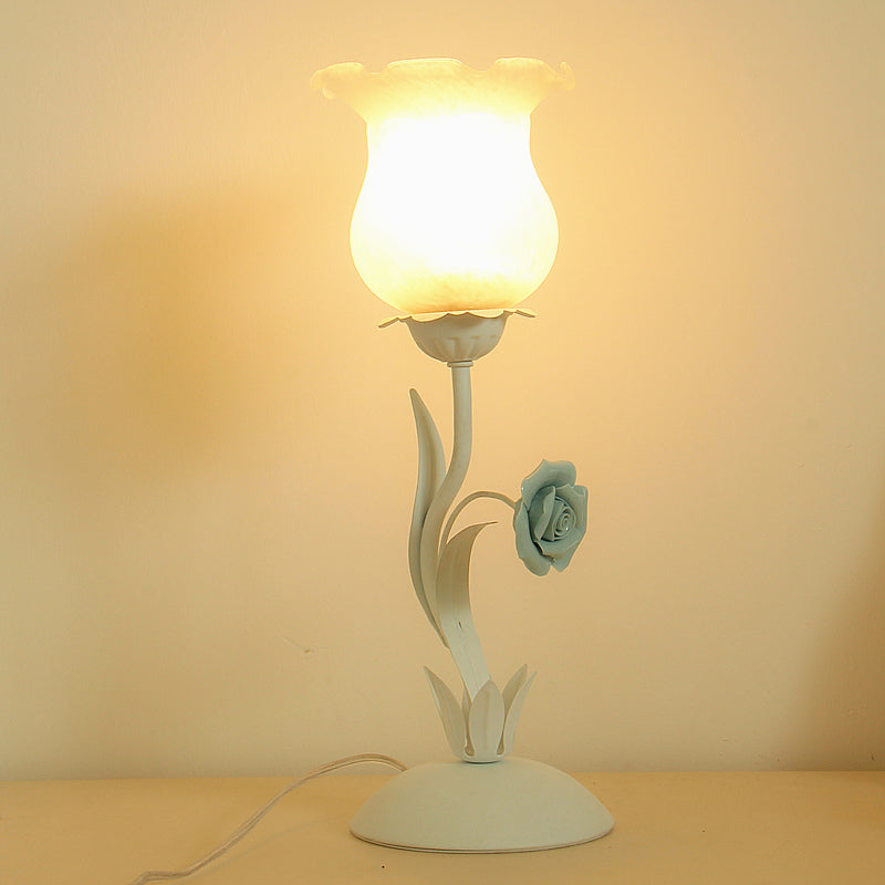 1-Bulb Frosted Glass Nightstand Light Pastoral Style Pink/Blue Rose Night Table Lighting for Bedroom Clearhalo 'Lamps' 'Table Lamps' Lighting' 922589