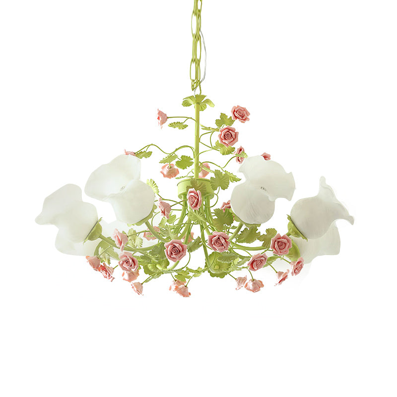 Sputnik Living Room Chandelier Korean Flower Ivory Glass 8 Lights Green Suspension Lighting Clearhalo 'Ceiling Lights' 'Chandeliers' 'Glass shade' 'Glass' Lighting' 922638