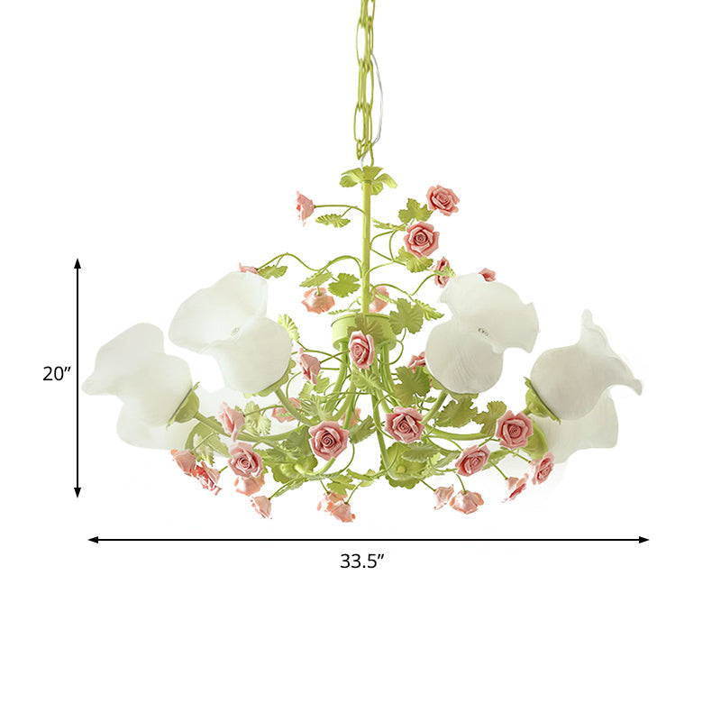 Sputnik Living Room Chandelier Korean Flower Ivory Glass 8 Lights Green Suspension Lighting Clearhalo 'Ceiling Lights' 'Chandeliers' 'Glass shade' 'Glass' Lighting' 922639